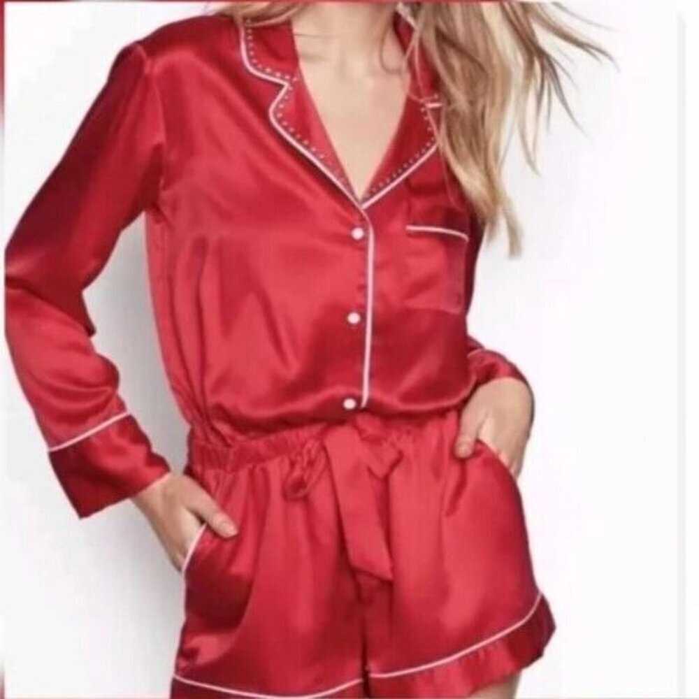Victoria's Secret Red Satin Rhinestone Romper 1 Piece Pajamas Shorts Size Large